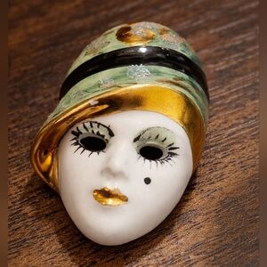 Vintage Porcelain Lady Face Brooch Gold and Green Hat